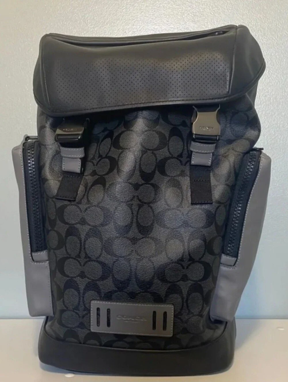 Coach Ranger Black and Gray Signature Canvas Roll-Top Backpack